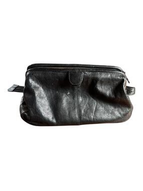 Vintage Black Leather Dopp Kit Travel Toiletry Bag Shaving Case Unbranded